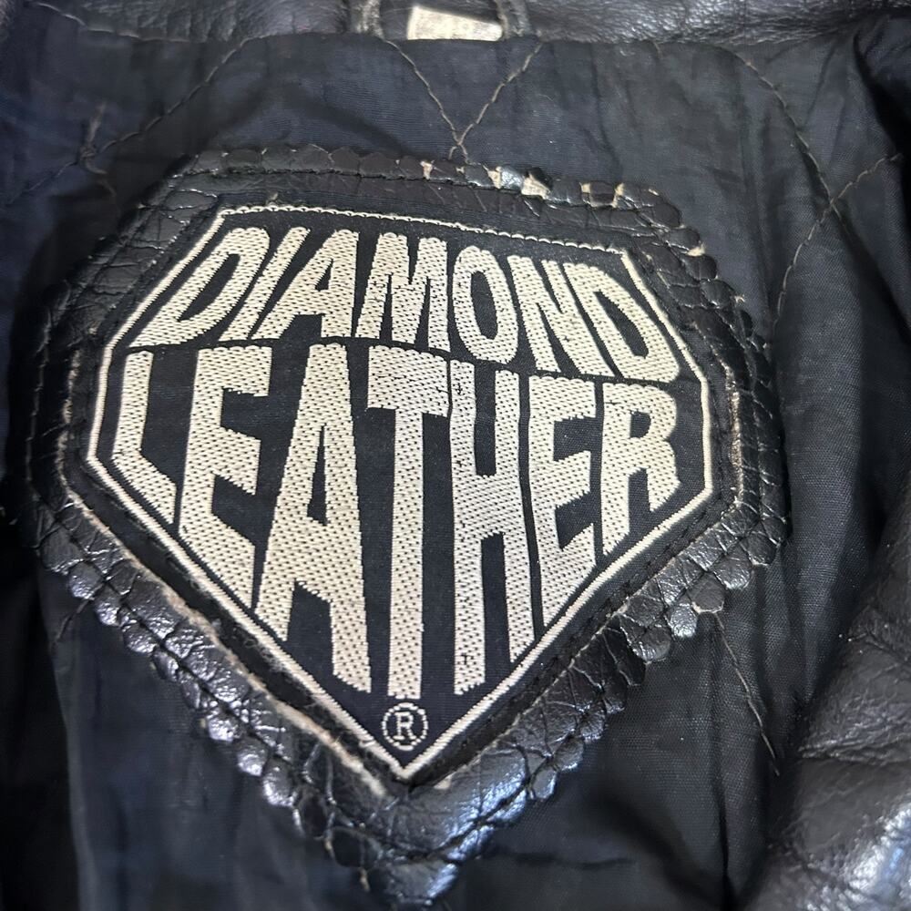 Diamond Leather Black Moto Jacket Motorcycle Biker Style size 48 Vintage Zip Up - Picture 2 of 12